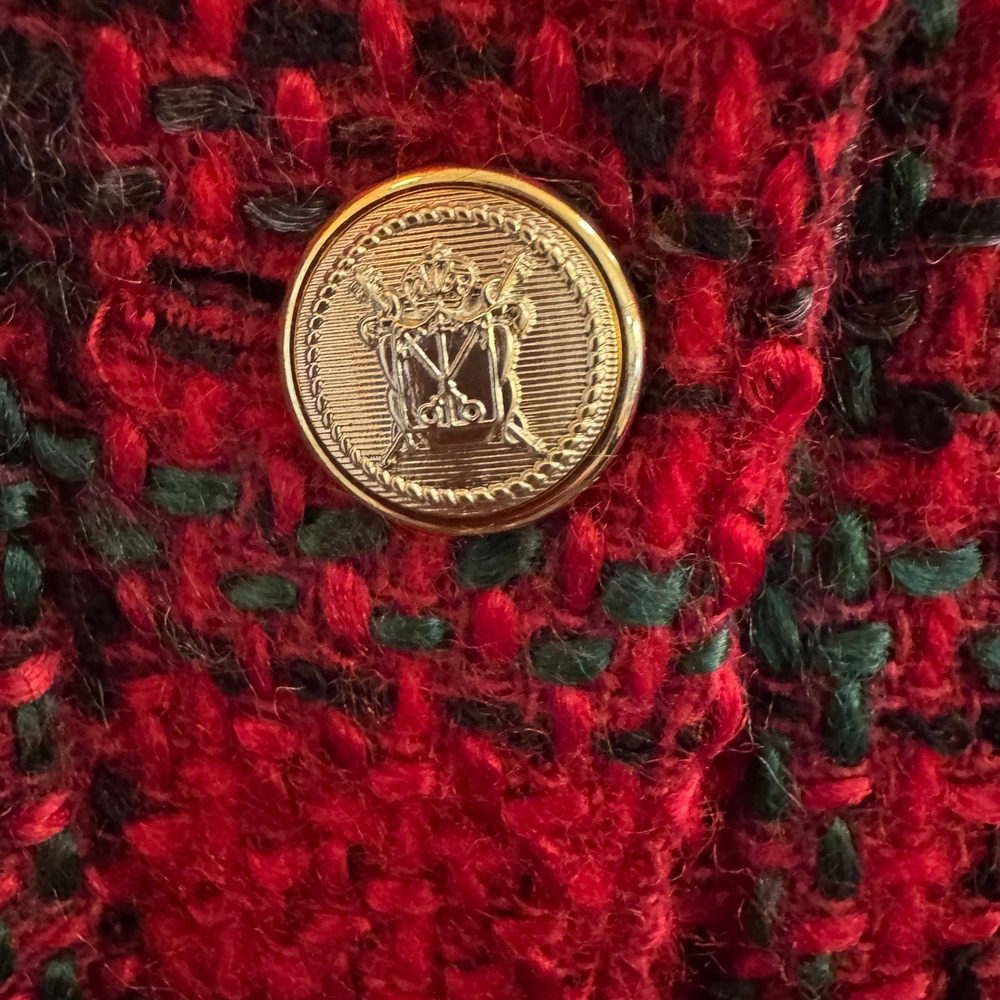 Tan Jay Vintage Red Plaid Tweed Blazer Gold Crest Button Jacket US 12 A2886 - Picture 6 of 8